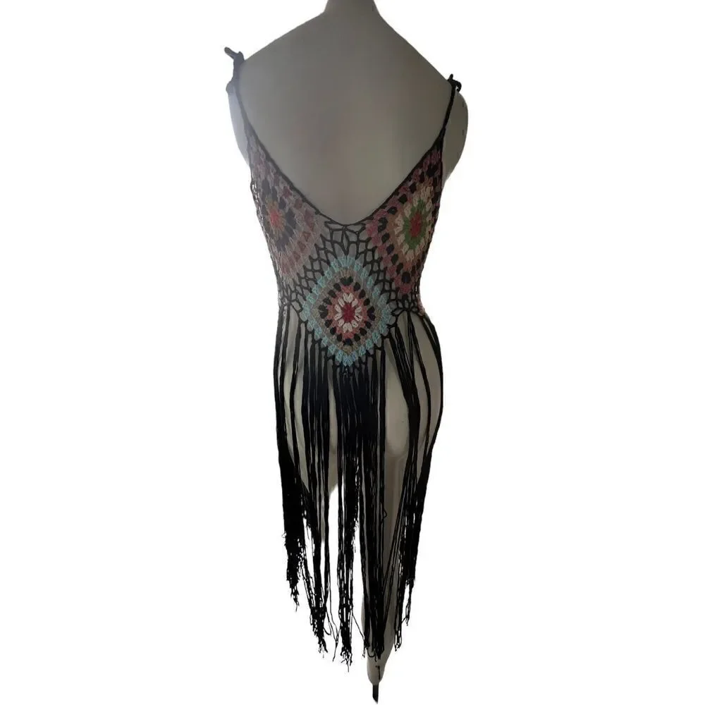 Handmade Women's Black Crochet Bohemia Long Fringe Tassel Beach Cover Dress